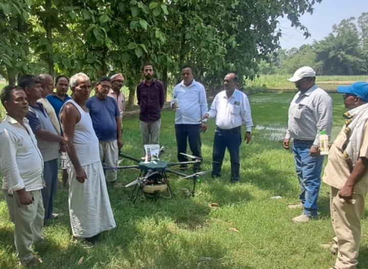 UP News: बजाज चीनी मिल रुधौली के अधिकारियों ने ड्रोन से कराया गन्ने की फसल पर छिड़काव